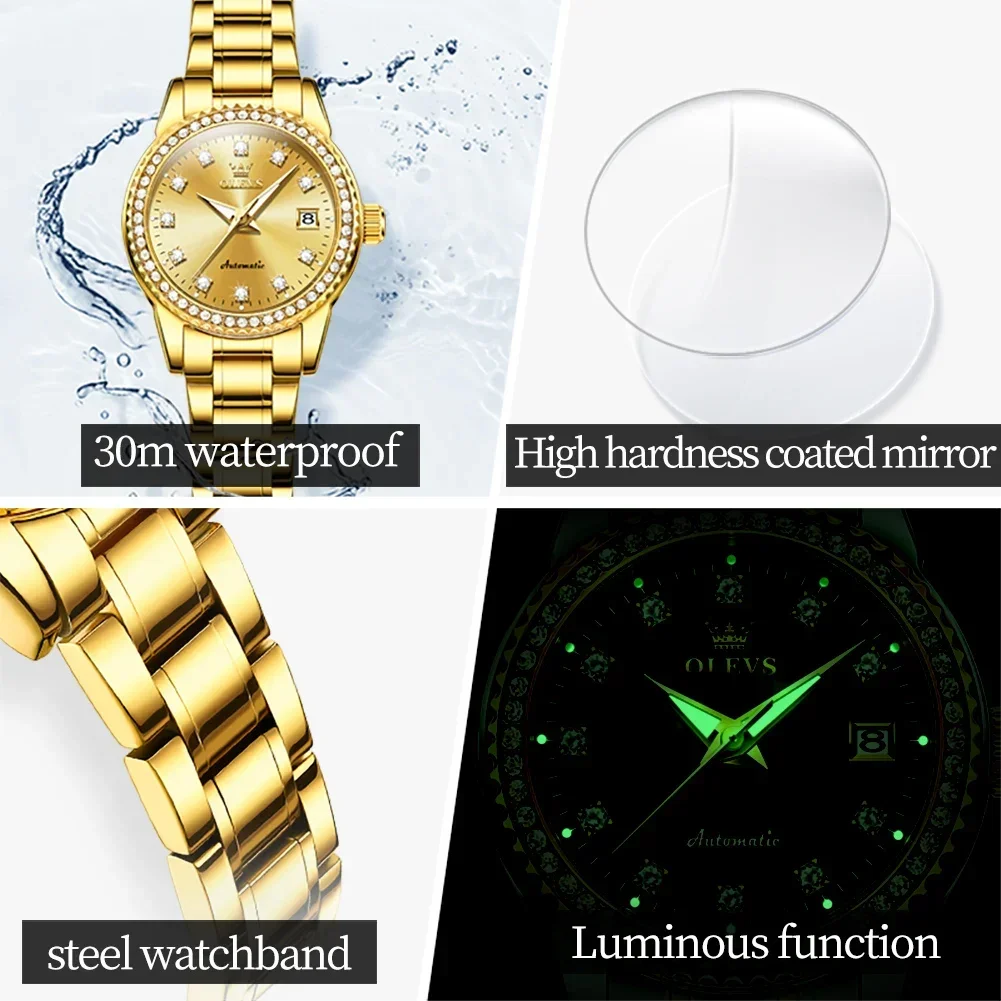 OLEVS Automatic Mechanical Watch for Women Diamond Calendar Dial Stainless Steel Waterproof Luminous Elegant Women's Wristwatch 5