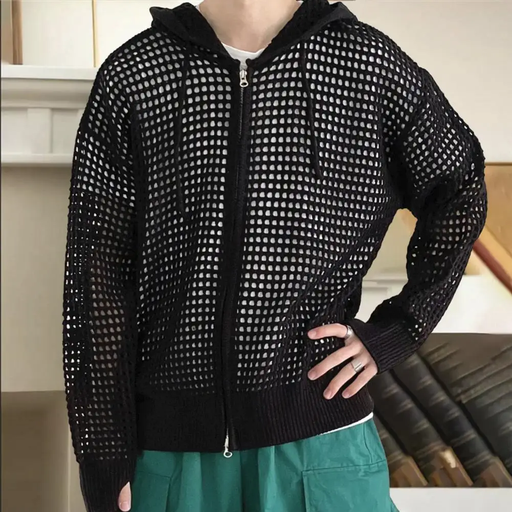 

Vintage Knit Mesh Sweater Coat for Men Hole Hooded Cardigan Long Sleeve Tee Hollow Out Casual Autumn Japanese Streetwear Hip Hop