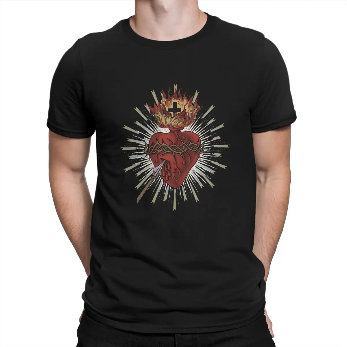 

Funny Sacred Heart of Jesus Christ Classic T-Shirt for Men Crew Neck T Shirt Jesus God Short Sleeve Tee Shirt Summer Clothing