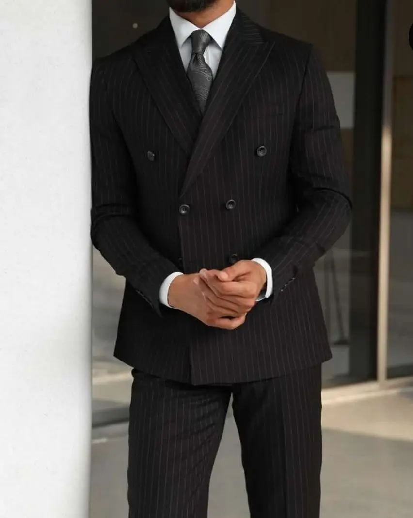 Black Pinstripe New Arrival Men Suit Tailor-Made 2 Pieces Blazer Black Pants Double Breasted Wedding Groom Causal Prom Tailored