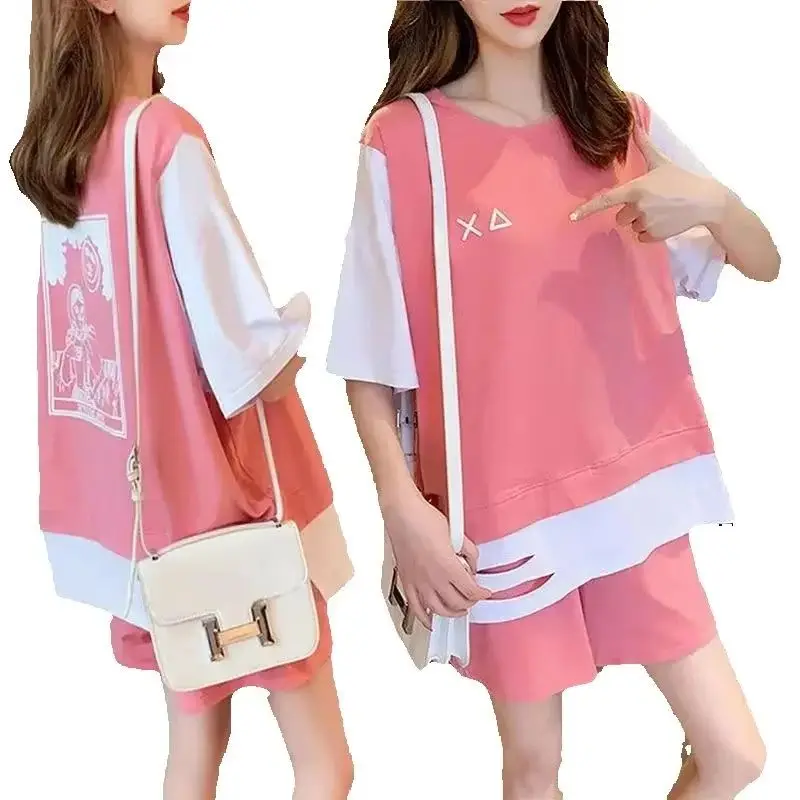 Women's Casual plus Size 2 Two-Piece Sports Suit Summer New T-Shirt Loose Crop Tops And Shorts Set Student Active Wear Clothing 2