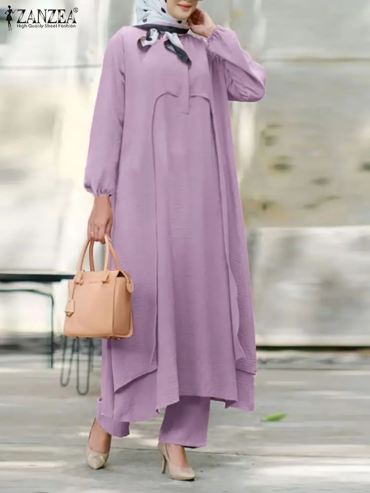 ZANZEA Muslim Abaya Suit Autumn Fashion Matching Sets Women Long Sleeve Blouse Pants Sets Urban Tracksuits IsIamic Dubai Outfits