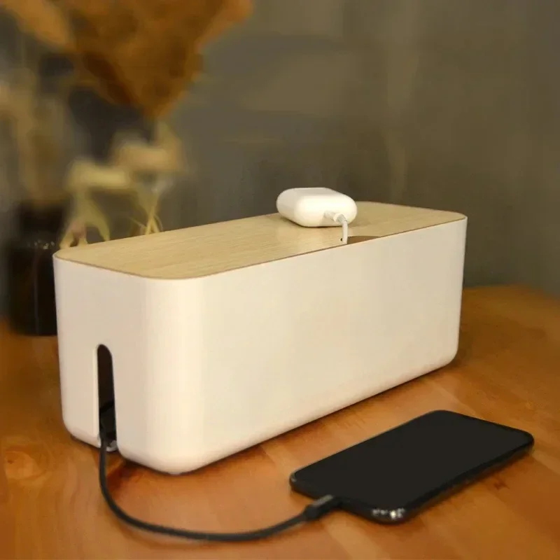 Wire Storage Box Power Plug Board Wire Boxes Socket Data Cable Junction Box Plastic Storage Box with Bamboo 3