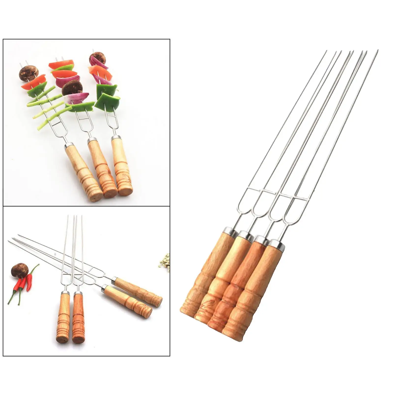6x Stainless Steel Barbecue Fork Long Wooden Handle Skewer Roast Stick