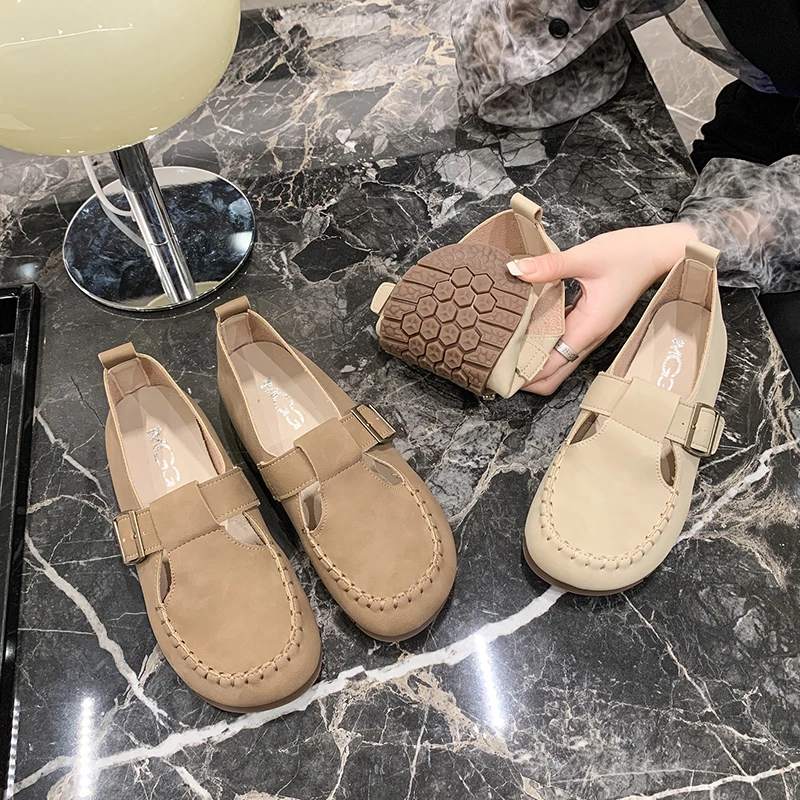 

GKTINOO Handmake Woman Cow Suede Leather Low Heeled Wedges Shoes Buckle Strap Solid Loafers T-strap Retro Shoes Plus Size