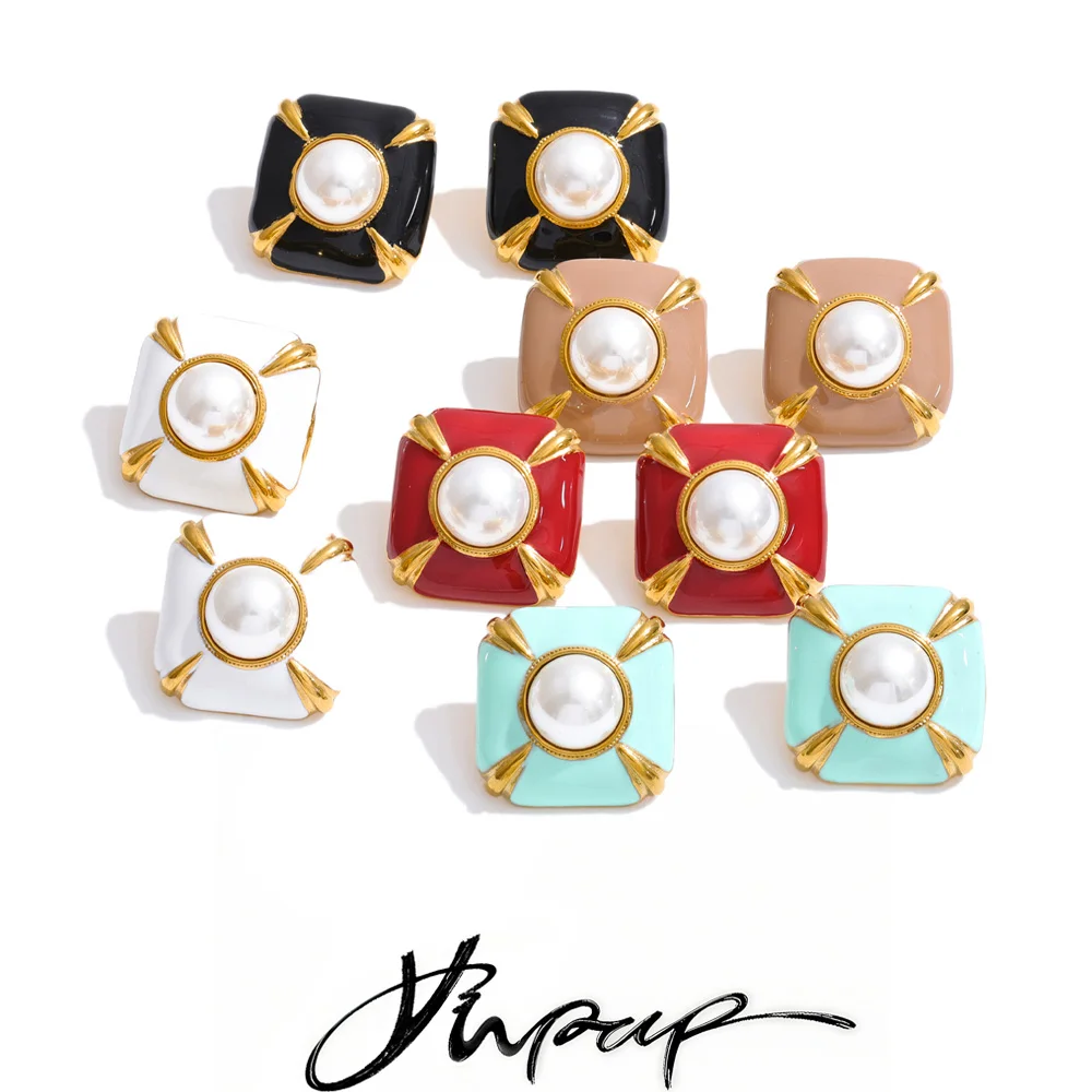 Yhpup Multi-Color Enamel Simulated Pearls Square Stud Earrings