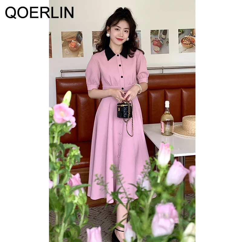 QOERLIN Retro Two Piece Waffle Skirts Suits Women Summer Short Sleeve Single-Breasted Button Up Cropped Tops Pink 2 Piece Sets qoerlin summer retro print thin blazer 3 4 sleeve suit jacket loose lapel short linen coat one button pocket lace floral tops