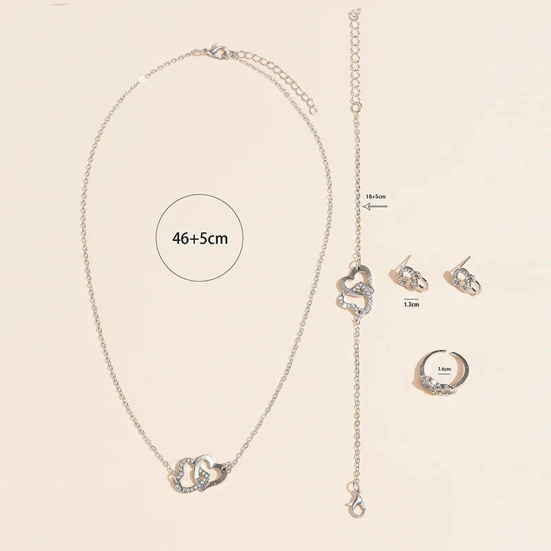 5PCS/Set Heart Shaped Jewelry Sets Of Ring Earrings Necklace For Women Elegance Rhinestone Double Heart Jewelry jewelry sets jewelry set