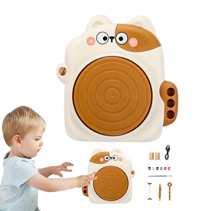 Kids Pottery Wheel Kit Sculpting Clay Tools & Arts Supplies Adjustable Speed Clay Machine Cat Pottery Machine for Ceramic Work