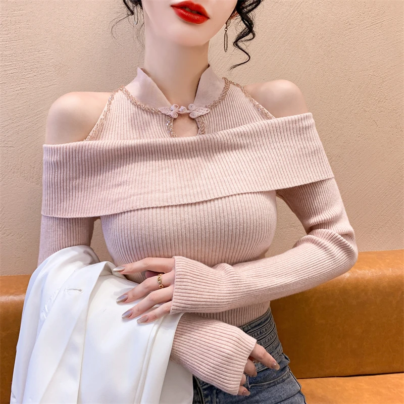 

Новинка 2024, осенне-зимняя одежда, вязаный свитер, шикарные сексуальные женские топы с длинным рукавом и открытыми плечами с блестящими бусинами, 41079