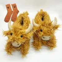 Highland Cow Plush Slippers with Socks Brown Cattle Home Slippers Scottish Animals Warm Soft Shoes Christmas Plushie Gift 1
