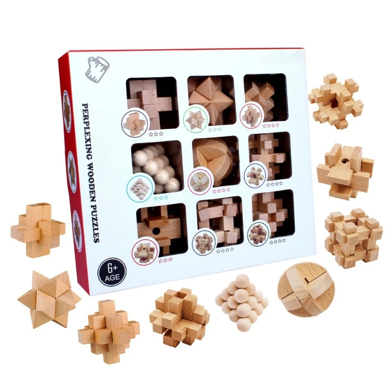 

652D 9Pcs Wooden Brains Puzzle Teasers Kongming Locks Small Logics Mind Puzzle Box Toy Removing Assembling Locks Puzzle Gift