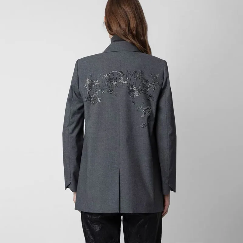 

Zadig Female Suit Casual Button Grey Blazers Women Fashion Diamonds Letter Blazer Chic Elegant Lapel Coat Formal Occasion Jacket