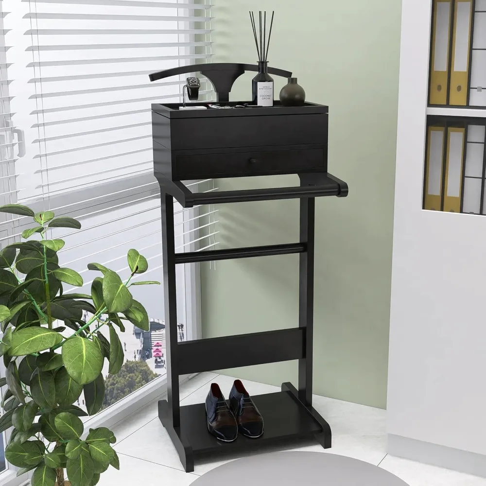 mens valet stand with drawer, tray, shoe shelf and suit rack, wooden clothing rack for men women, clothes valet stand for bedroo