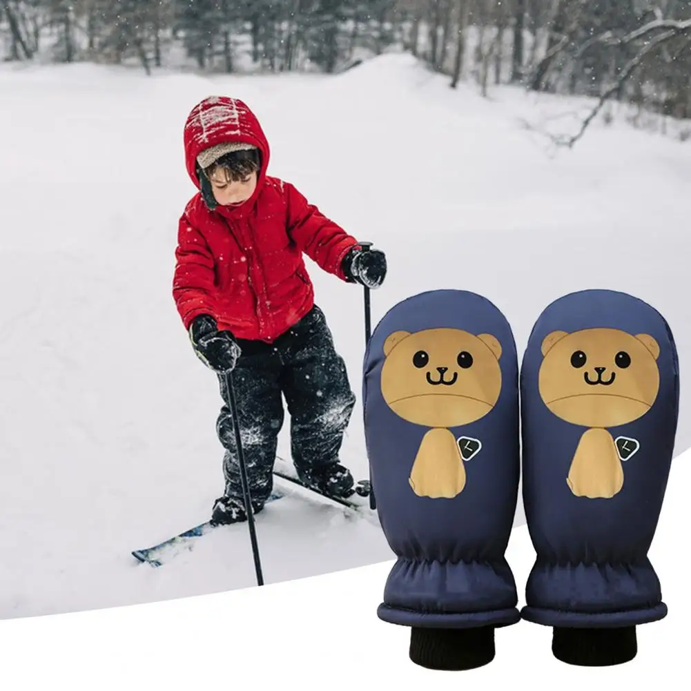Windproof Ski Gloves Winter Warm Mitts Ultra-thick Waterproof Ski Gloves with Plush Lining for Toddlers Cartoon Print Winter