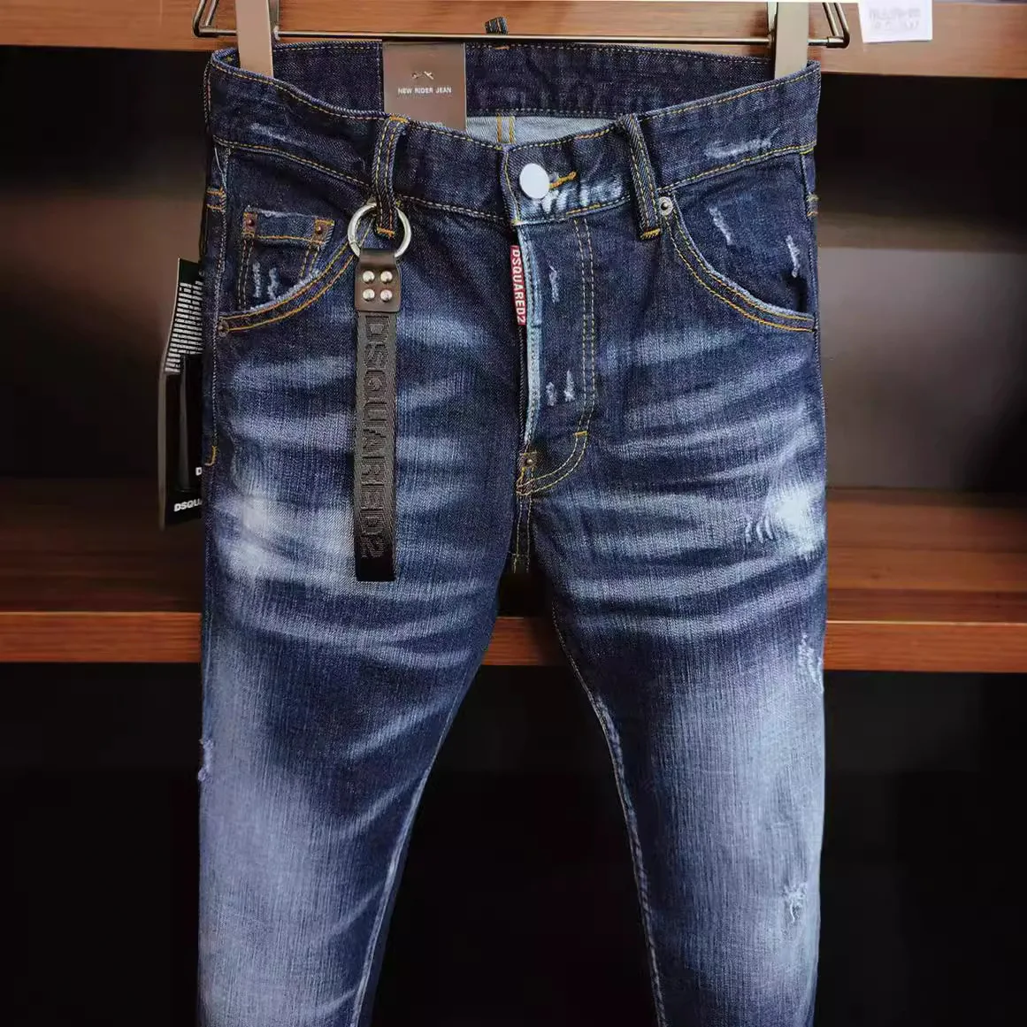 New Worn Simple DSQ Men's Slim Hole Versatile Stretch Jeans Tight Small Straight Tube Washed Worn Waist Style 3