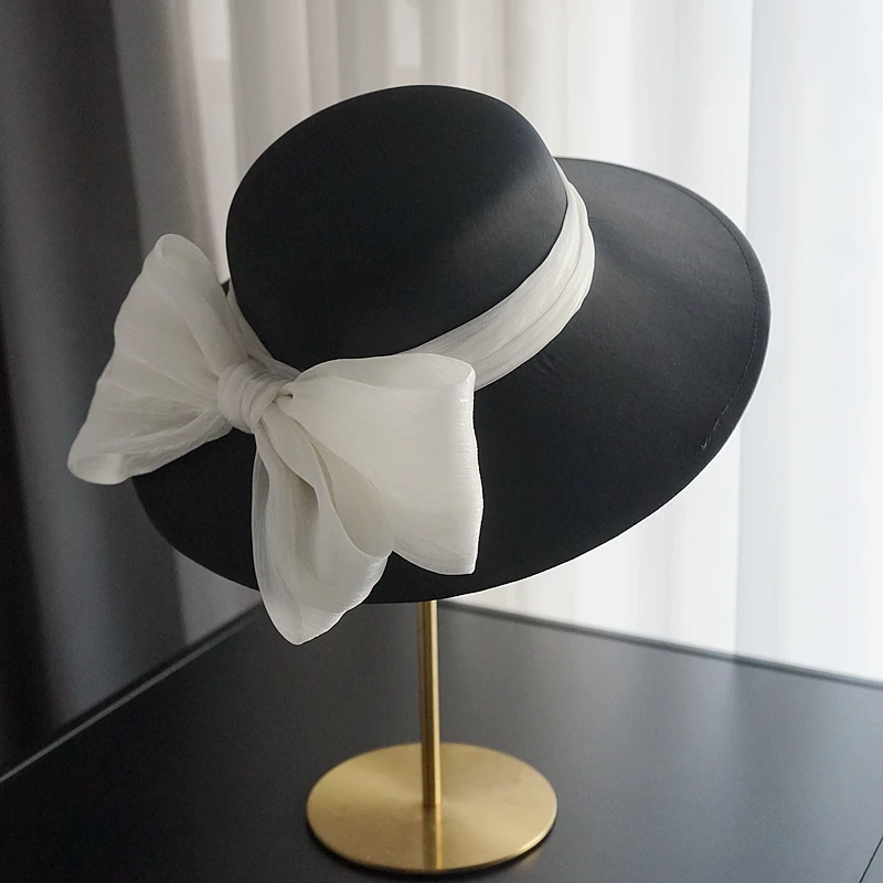 

Large Black Satin Wedding Hat Mesh Bowknot Fedoras Elegant Ladies Royal Banquet Cocktail Church Party Fedora Hat Headpiece Women