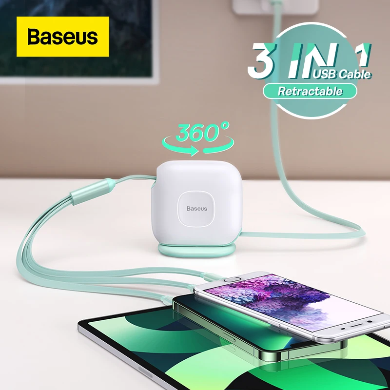Baseus Retractable 100w 3 In 1 Usb C Cable For Iphone 12 13 Desktop