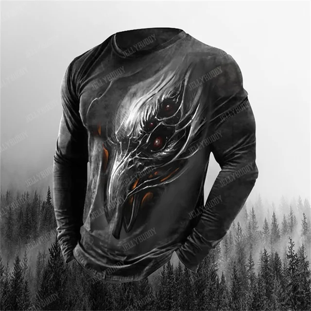 Long Sleeve Horror Skull 3d Printed Men's Oversized T Shirt New Winter Street Hip Hop High Quality Fashion Black Casual Shirt 6