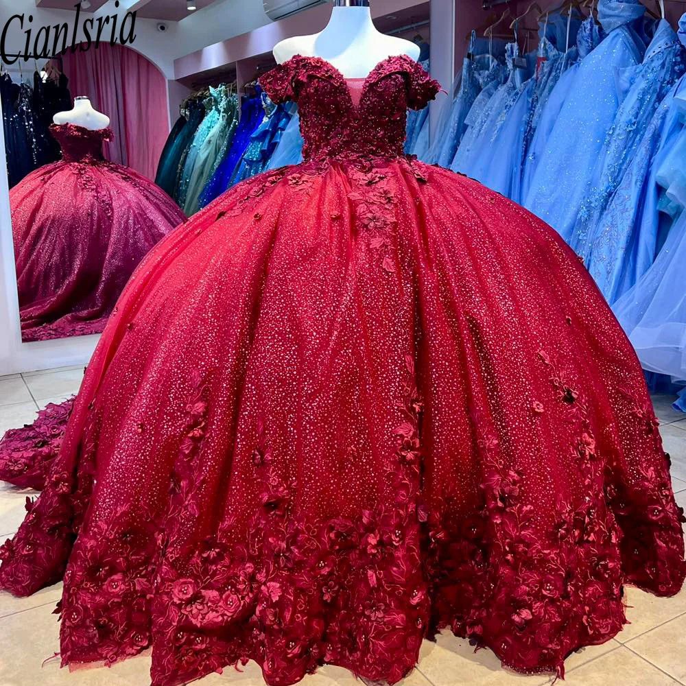 

Glittering Red Sweetheart Quinceanera Dress Off Shoulder Beading Floral Appliqué Vestidos De 15 Anos Ball Gown