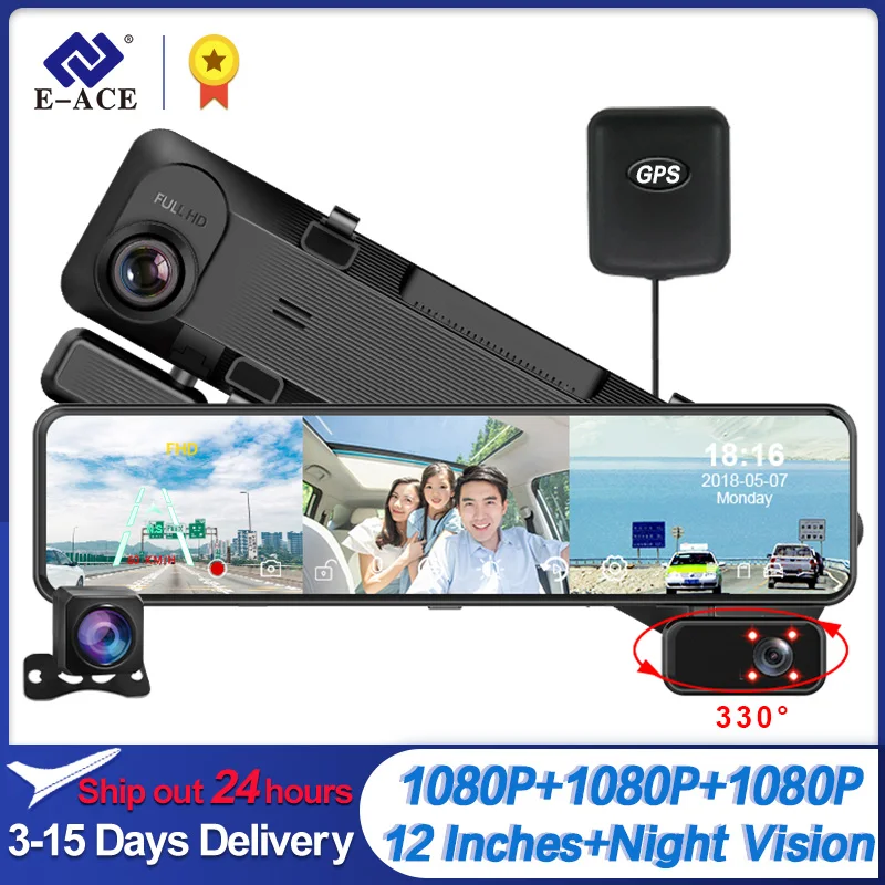 EACE Car DVR 3 In 1 Rearview Mirror With 3 1080P Camera 12 Inches Dash