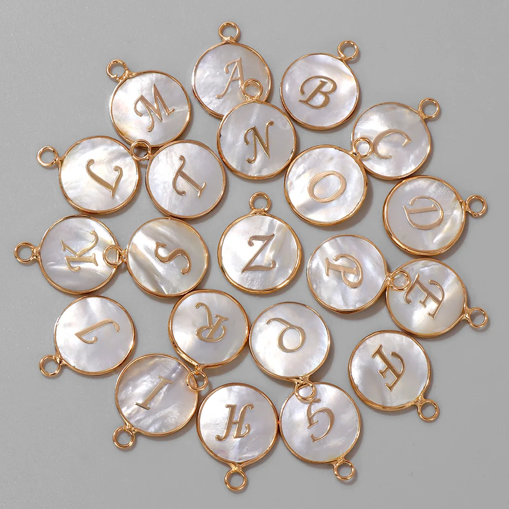 Fashion 26/set Letter Pendant Round Mother of Pearl Shell Alphabet Charm for Jewelry Making Necklace Earring Accessory Supplies