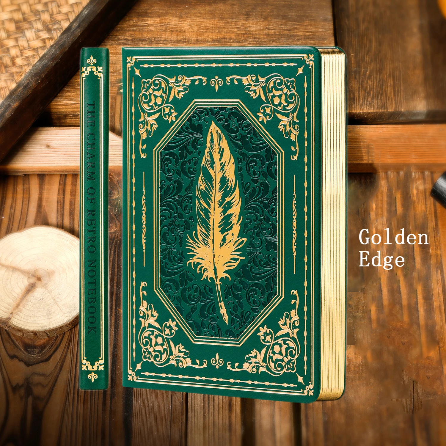 Retro A5 notebook printed leather cover notepad work meeting minutes golden edge 5