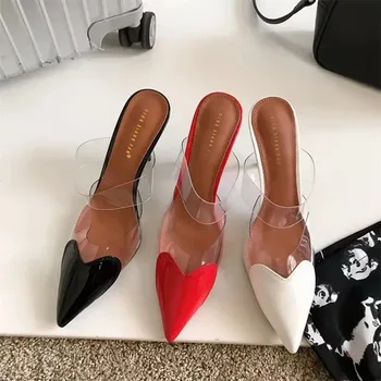 2024Patent Leather PVC Pumps Stiletto Sandals Pointed Toe Straps Heart Detailing at the Toes High Heel Slippers Wedding Shoes 1