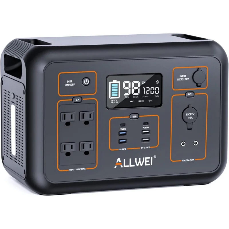 

ALLWEI Portable Power Station 1200W(Peak 2400W), 1132Wh Solar Generator 306000mAh with 4 * 120V AC Outlets, 6* USB-C PD3.0 60W,