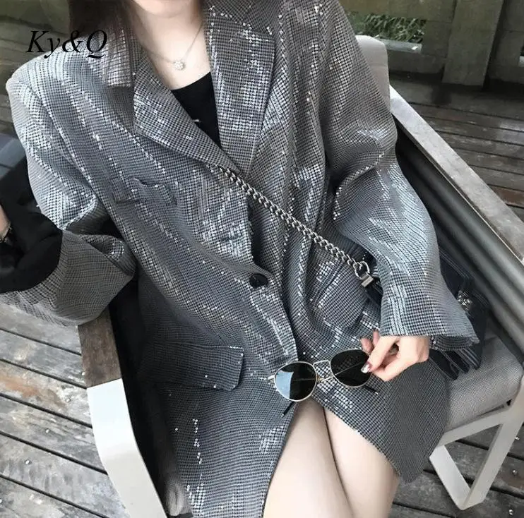 Bling Sequin Suit Coat Women's Runway Party Elegant Luxury Loose Thousand Bird Grid Jacket Blazers 2022 New Design |