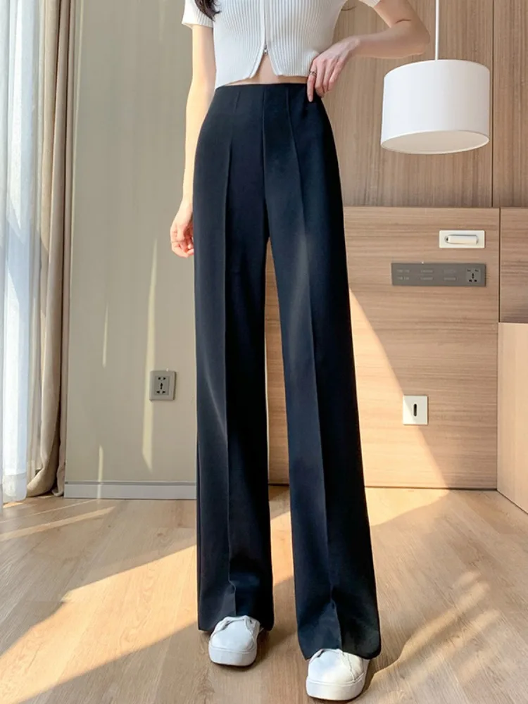 pink wide leg pants women summer straight leg trousers 2023 high waist drawstring texture sense casual all match narrow version Large Size Micro Flared Suit Pants Narrow Version Wide Leg Pants For Women In Summer 2023, High Waisted Sagging Straight Pants