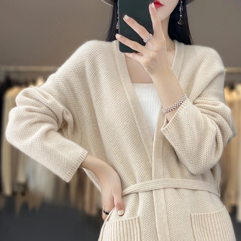 

Women's Clothing 2023 Autumn Winter V-neck Cardigan Loose Sweater Belt Long Pure Wool Knit Coat Fashion Long Top