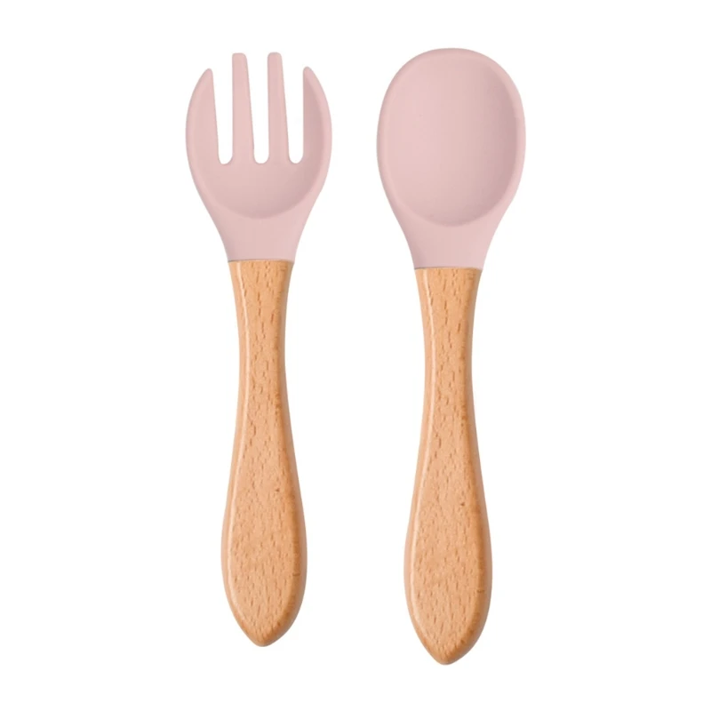 2PCS/Set Baby Feeding Spoon Fork Wooden Handle Spoon Fork Set Soft Silicone Tip Spoon Fork BPA Free Food Grade Infant Toddlers