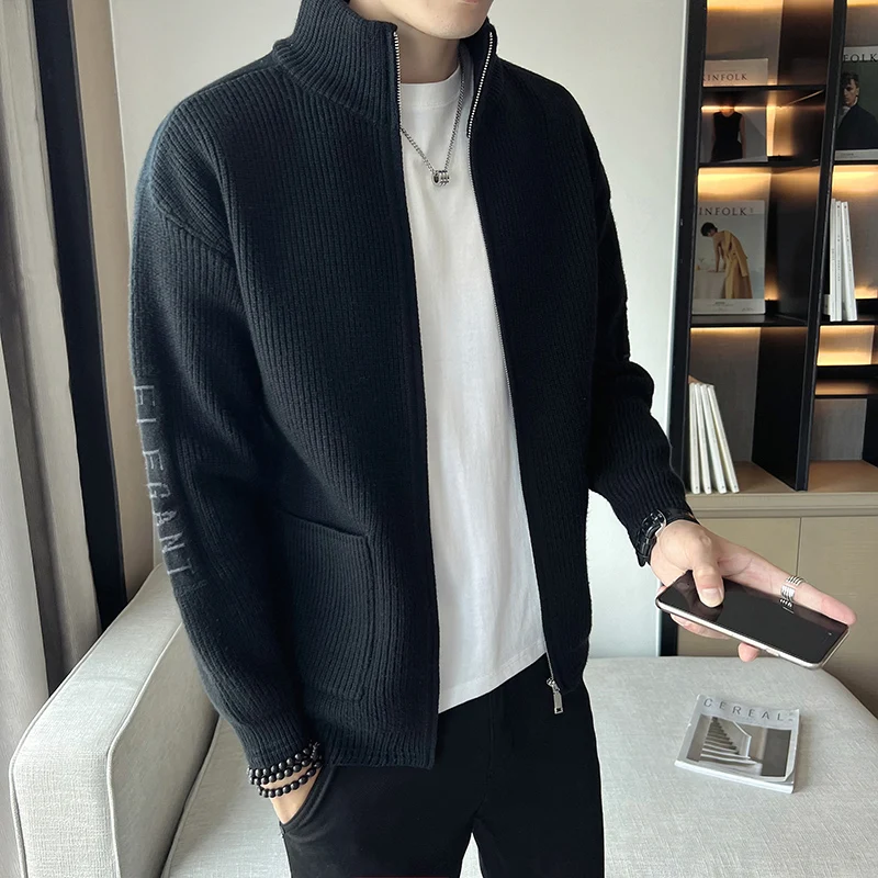 Fashion Letter Jacquard Knitted Cardigan Men 2022 Autumn Stand Collar Zipper Long Sleeve Knitted Jacket Casual Slim Sweatercoat