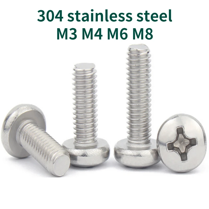 

10/20/50/100/200/500Pcs M3 M4 M6 M8 A2 304 Stainless Steel Cross Phillips Pan Head Screw Round Bolt Length=3mm-150mm