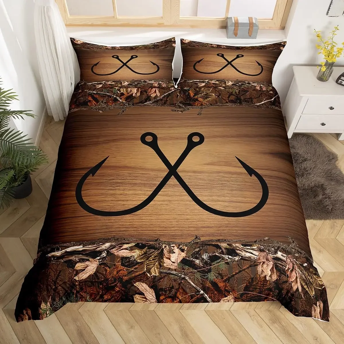 Fishhook Duvet Cover Set Twin Size Fishing Bedding Set Fish Hook Pattern Comforter Set,Modern Quilt Cover for Teen Adult