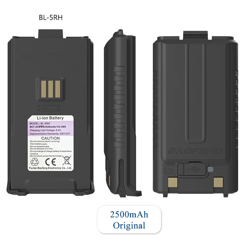 Baofeng UV-5RH Pro Battery 2500/3800mAh Optional USB-C Charger BF-K5 Plus UV-5RH Max GM-5RH Walklie Talkie Rechargable Batteries 2