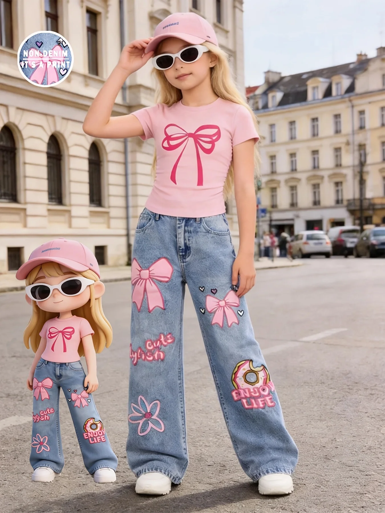 2-teiliges Set im Y2K-Stil für Mädchen: Rosa, schmal geschnittenes, kurzärmliges T-Shirt mit Schleifenmuster + Cartoon-Donut-, Schleifen- und Blumenmuster-Print-Shorts mit weitem Bein