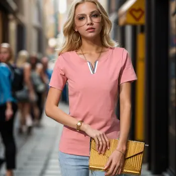 2024 V Neck 100% Cotton T Shirt Women Summer Fashion Short-Sleeve Tops Women Plus Size T-shirt Loose Korean Style Female Blouse 1
