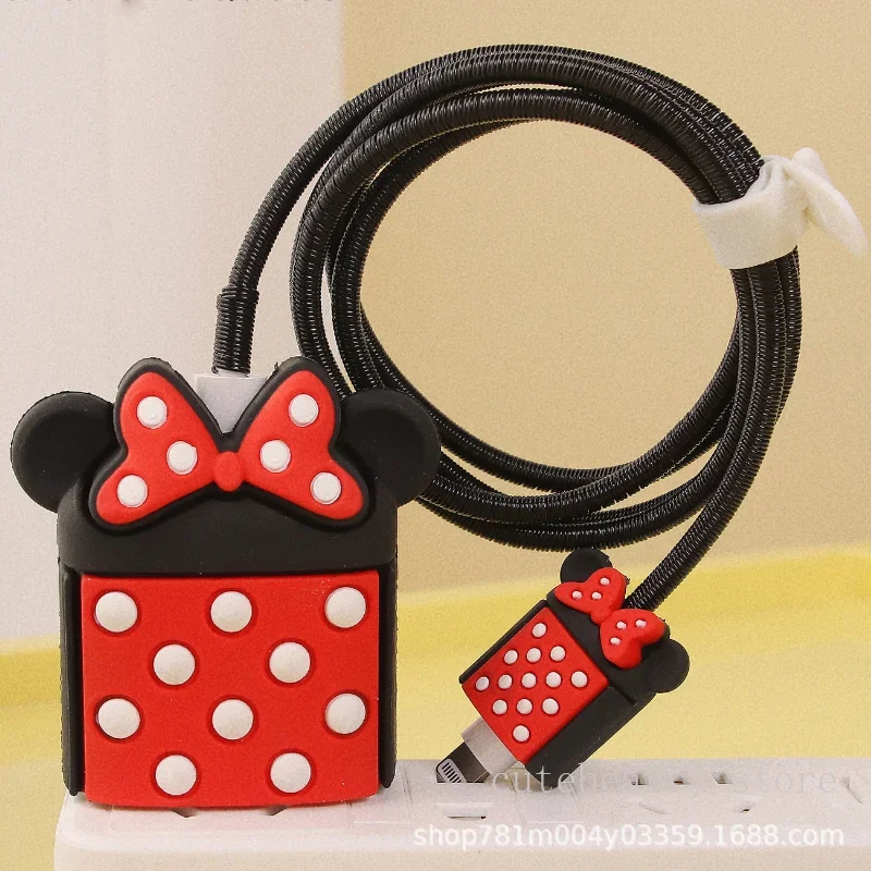 Disney Mickey Minnie Mouse for Apple 18/20W Adapter Charger Case with Cable Bite Protector Cute TPU Soft Protective Data Cable