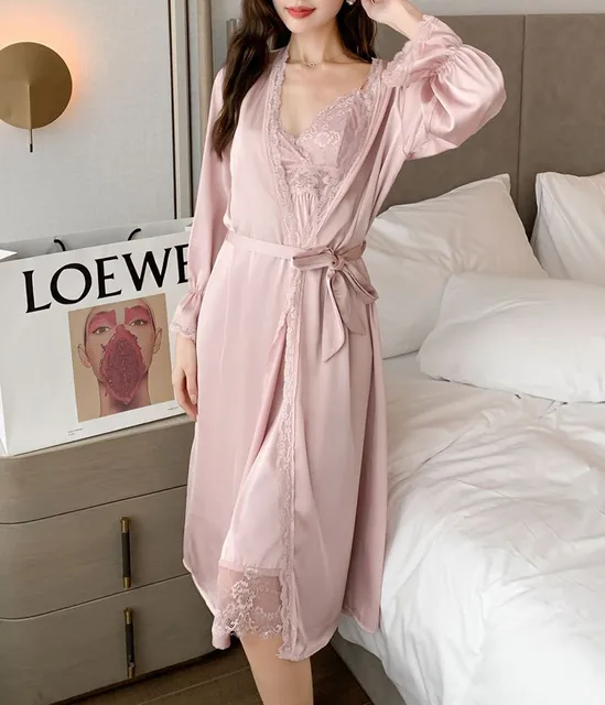 Women Satin 2pcs Robe Set Princess Lace Long Sleepwear Sexy Strap Nighty  Kimono With Bra Bride Wedding Bathrobe Lounge Homewear - Robe & Gown Sets -  AliExpress