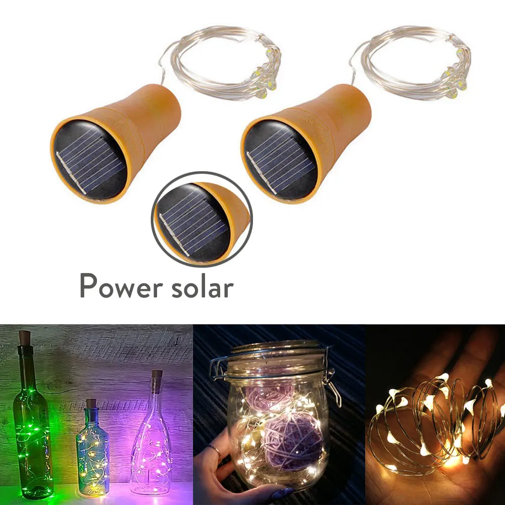 태양열 구동 10LED 20LED 와인 병 조명, 코르크 모양 요정 조명, 화환 크리스마스 조명, 구리 와이어 홈 룸 장식 램프