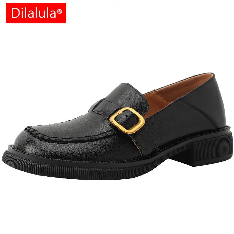 

Dilalula Classic Women Pumps Spring Summer Working Casual Sewing Buckle Genuine Leather Low Heels Round Toe Loafers Shoes Woman