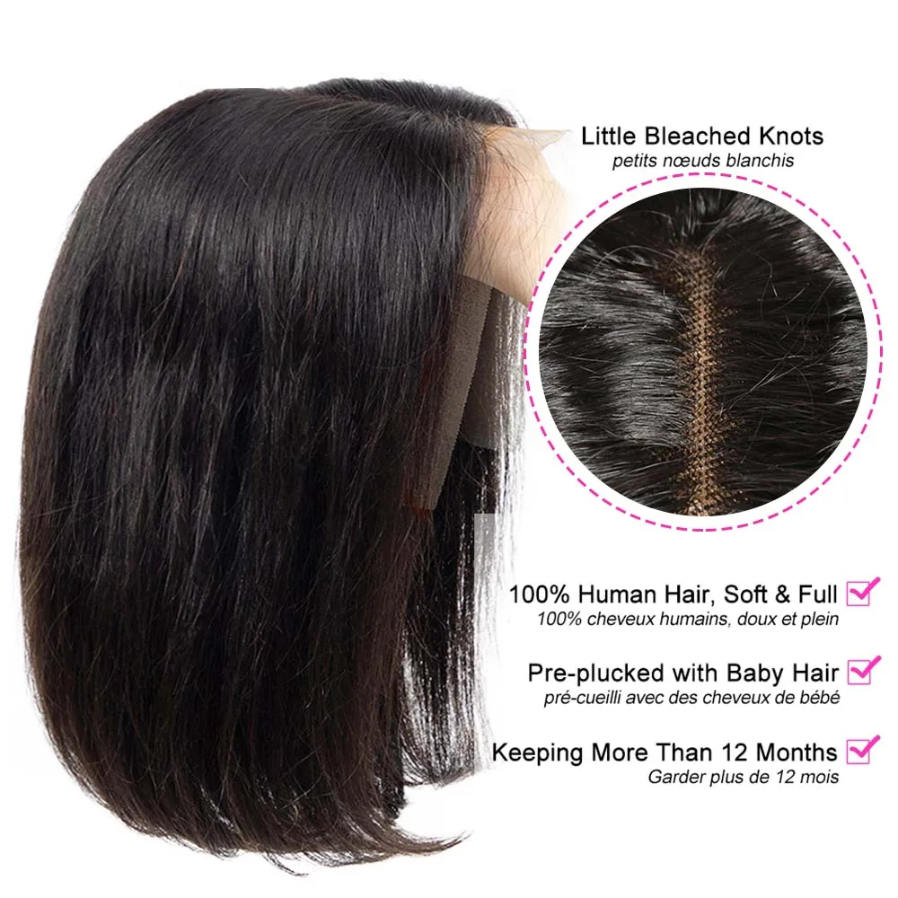 Short Bob Wig Lace Front Wigs 13x4 Bone Straight Brazilian Human Hair Wigs Pre-Plucked Transparent 4x4 Closure 180% Density
