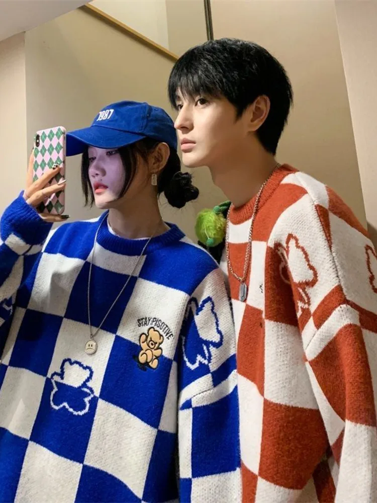 

Streetwear Sweater Men Retro Checkerboard Plaid Hip Hop Harajuku Pullover New O-neck Casual Loose High Street Sweaters New