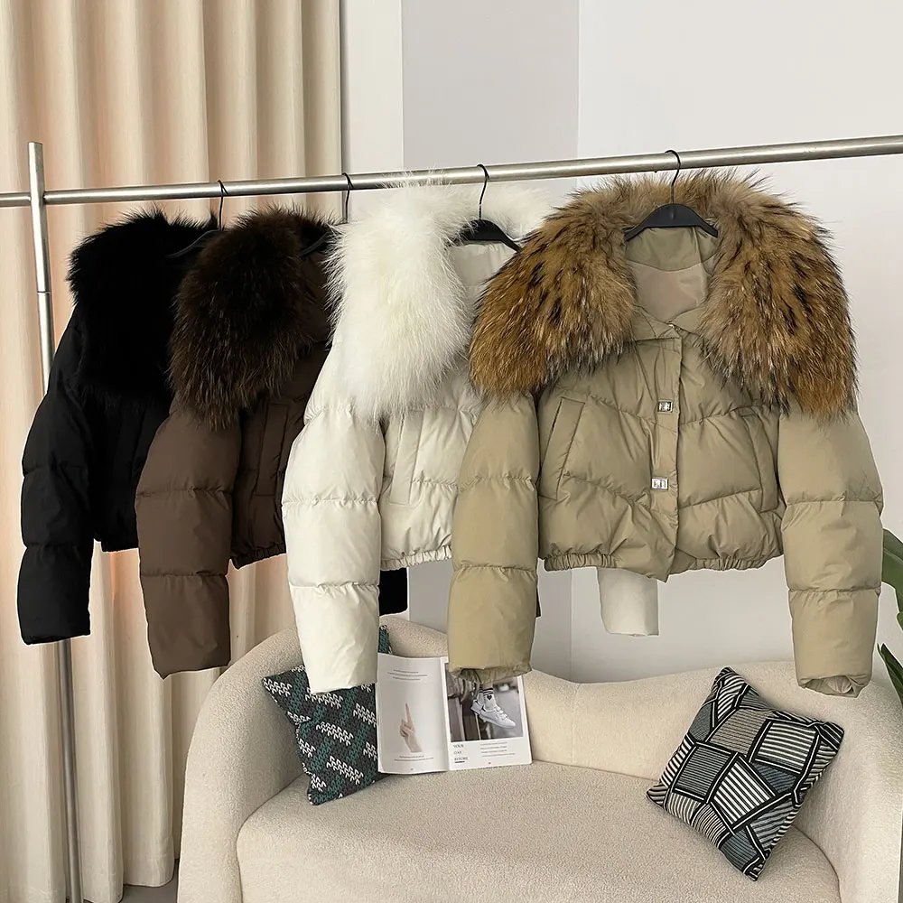 WHOLESALE Winter Women Big Real Raccoon Fur Collar Natural Thick Warm Duck Down Coat Short Outerwear Streetwear Loose Casual