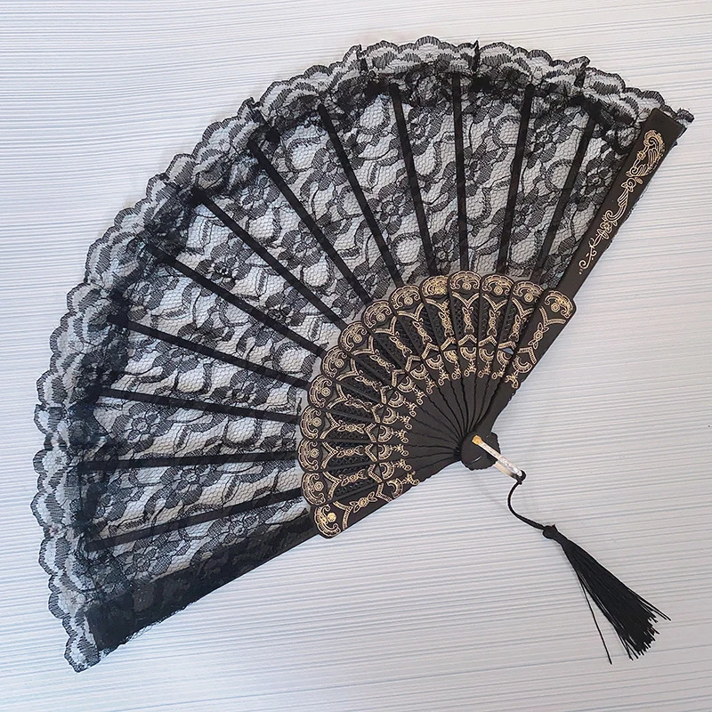 Gothic Mesh Folding Fan With Tassels for Performance Dancing Party Photography Props Home Decoration folding fan,hand fan