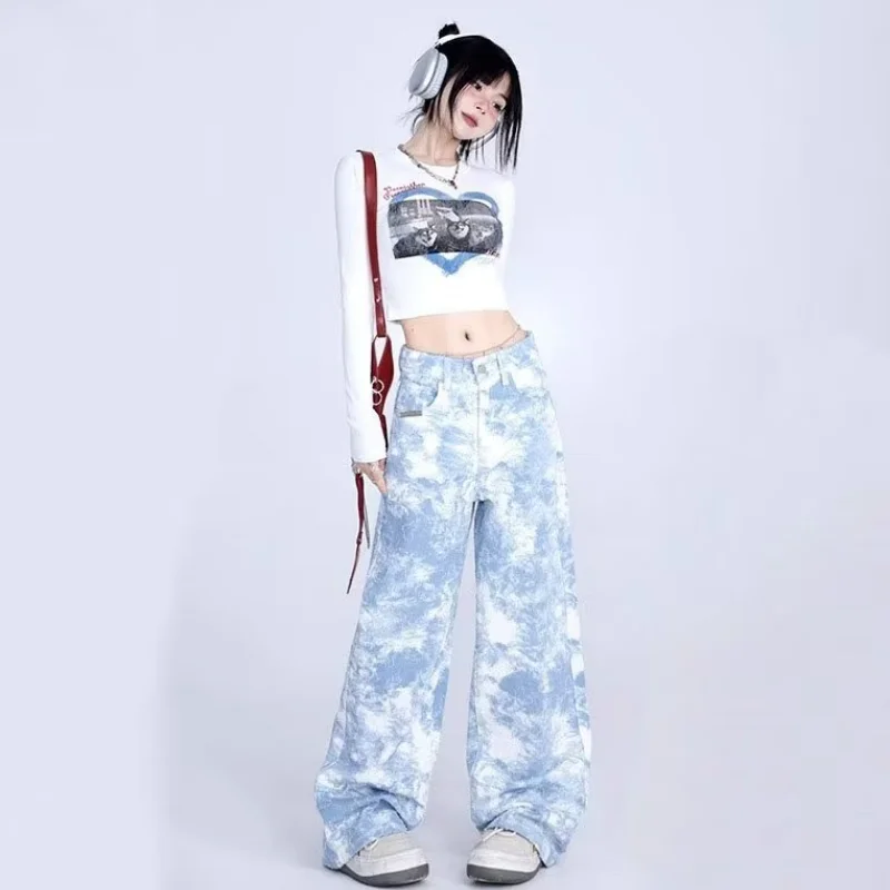 

Women Blue Jeans Printing High Waist American Street Wide Leg Pants Fashion Hip Hop Vintage Straight Y2K Summer NEW Trousers