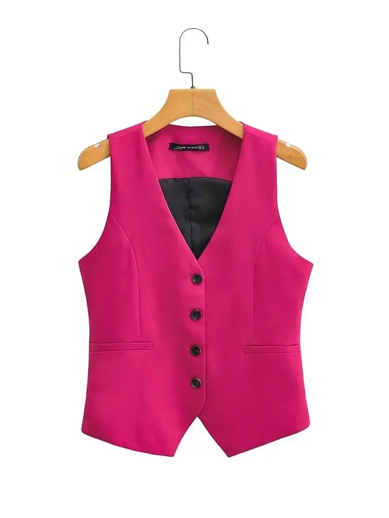 Women Fashion V Neck Sleeveless Pockets Short Vest Jacket Office Lady Single Breasted Casual Slim WaistCoat Tops CT2208