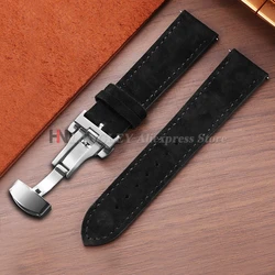 Elegant Vintage Suede Cowhide Watch Strap with Butterfly Buckle - Men's and Women's Sport Wristband in Multiple Sizes - 22mm (Black)